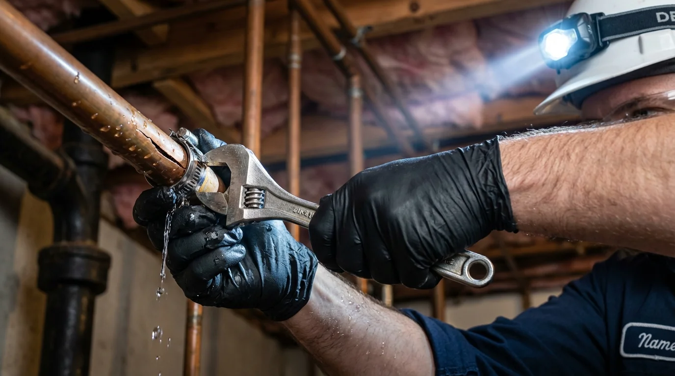 Emergency pipe clamp repair being performed by a Johns Plumbing LLC plumber in Whitehall