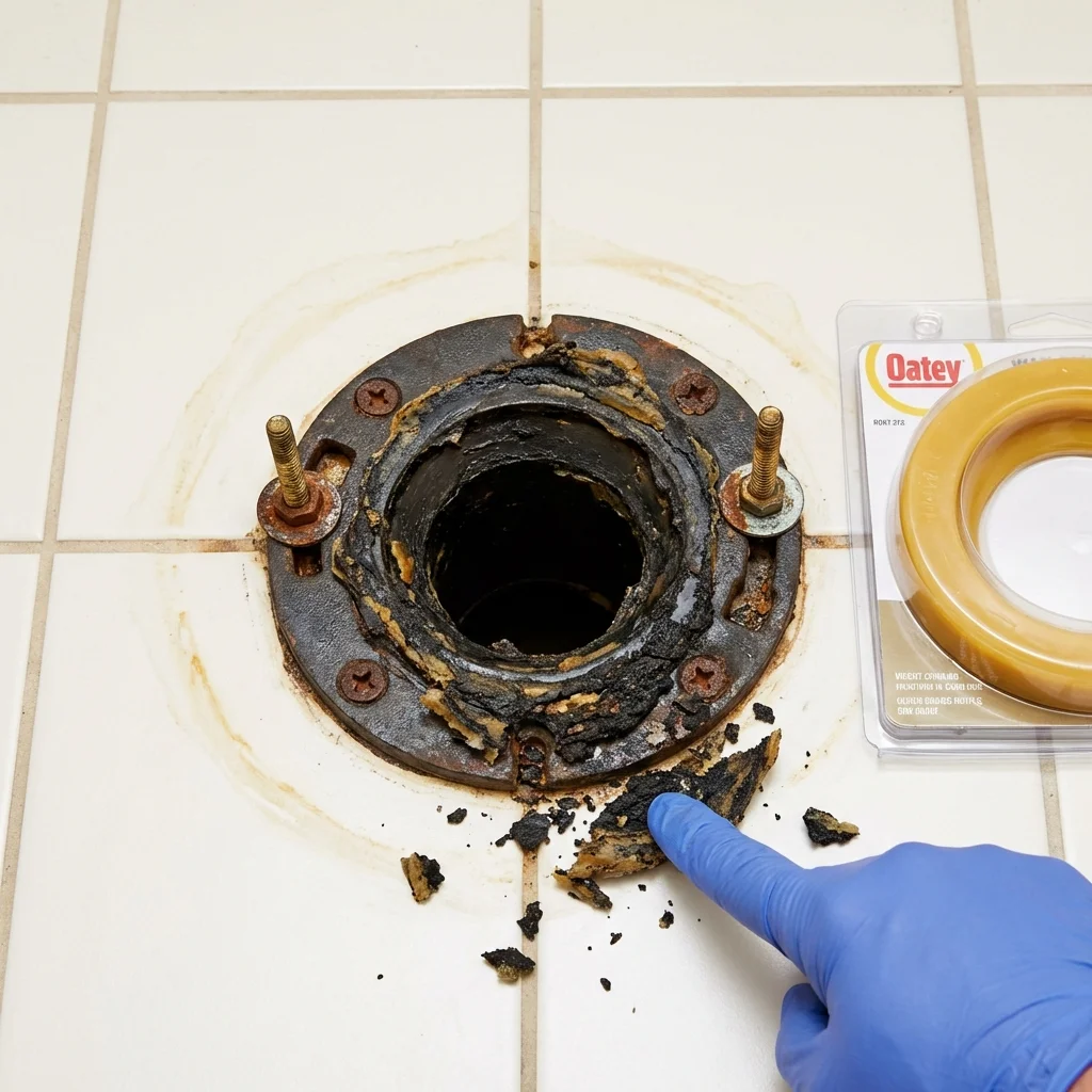 Failed wax ring showing water seepage at the base of a toilet in a Whitehall, NY home