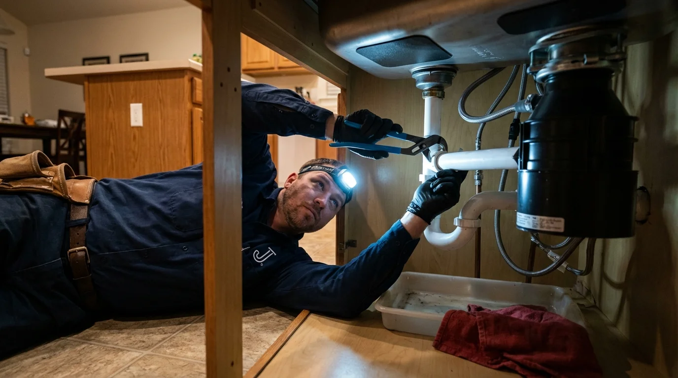 P-trap and supply line connections under a kitchen sink showing a common leak point in Whitehall, NY